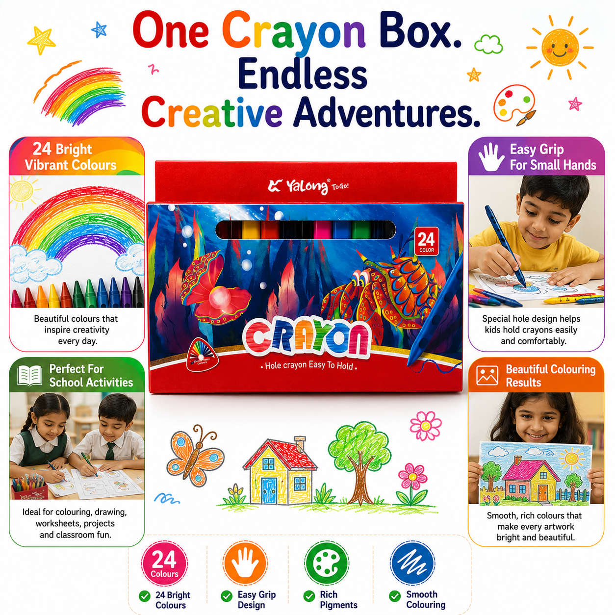 24 Vibrant Hole Crayons for Kids – Smooth Coloring, Easy Grip & Rich Pigments for School and Creative Projects