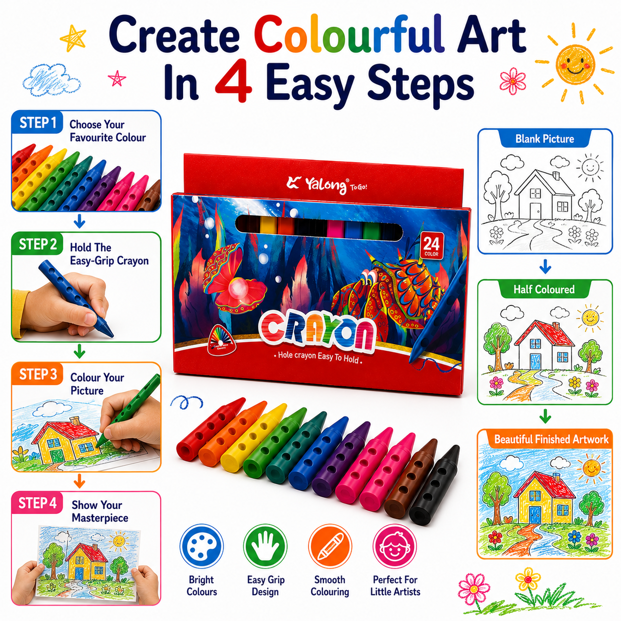 24 Vibrant Hole Crayons for Kids – Smooth Coloring, Easy Grip & Rich Pigments for School and Creative Projects