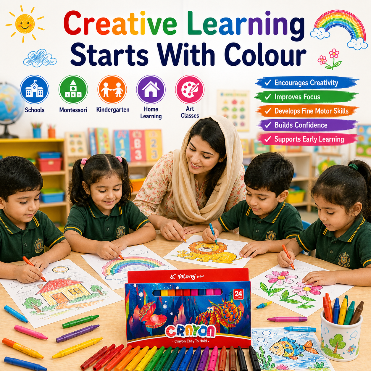 24 Vibrant Hole Crayons for Kids – Smooth Coloring, Easy Grip & Rich Pigments for School and Creative Projects