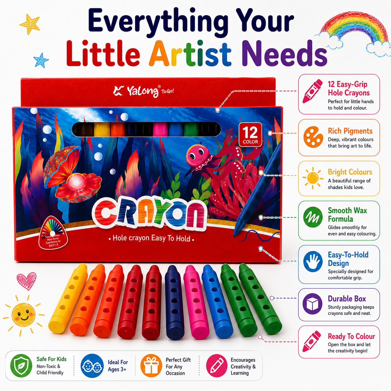 12 Vibrant Hole Crayons for Kids – Smooth Coloring, Easy Grip & Rich Pigments for School and Creative Projects