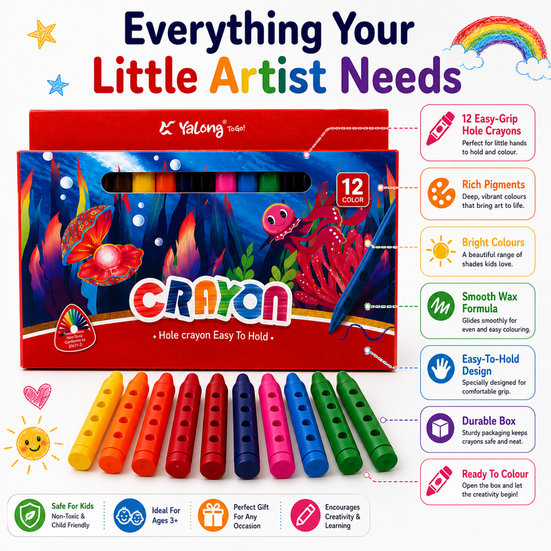 12 Vibrant Hole Crayons for Kids – Smooth Coloring, Easy Grip & Rich Pigments for School and Creative Projects