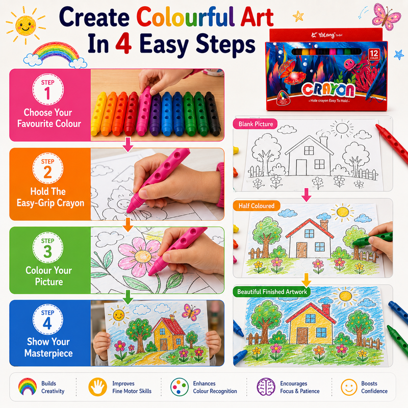 12 Vibrant Hole Crayons for Kids – Smooth Coloring, Easy Grip & Rich Pigments for School and Creative Projects