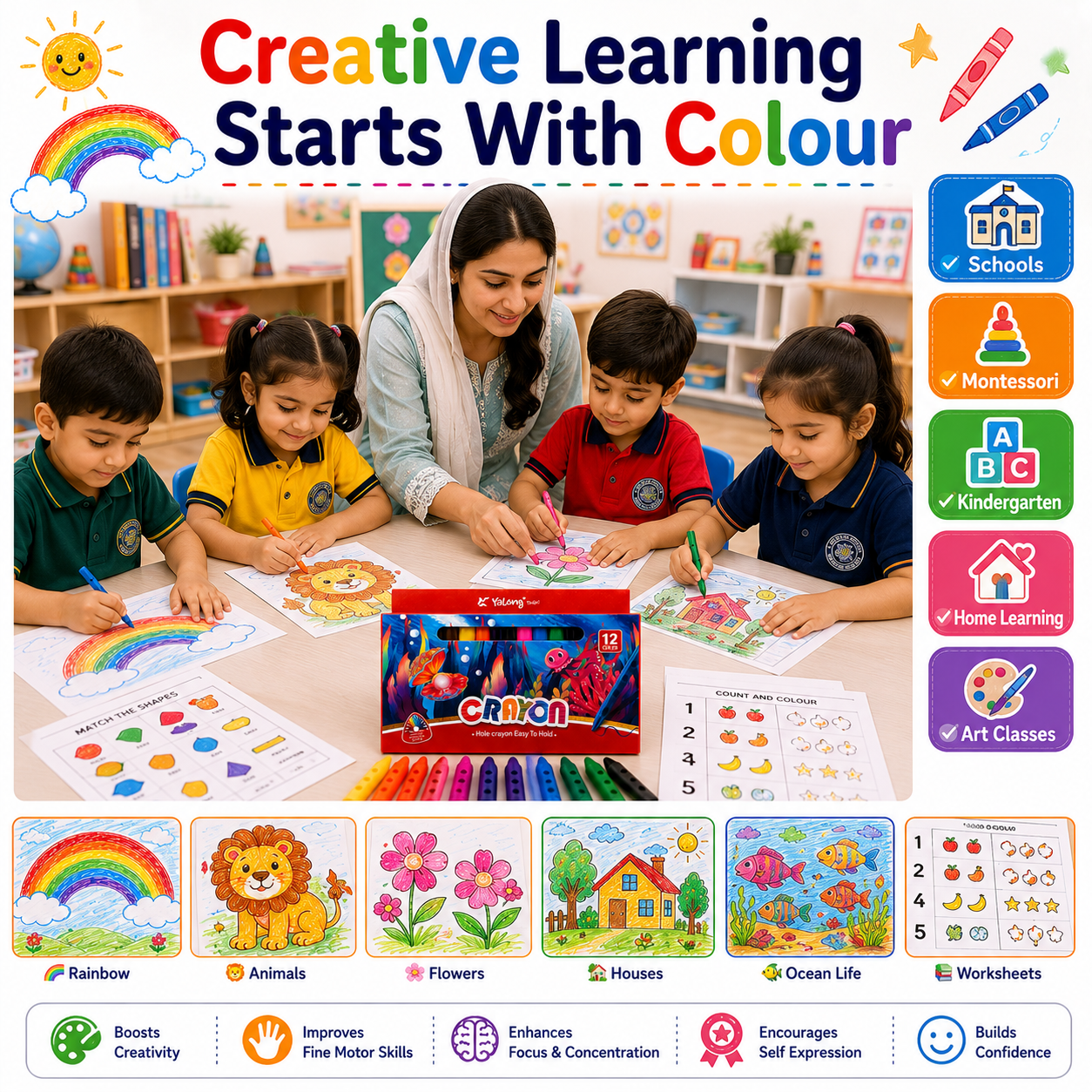 12 Vibrant Hole Crayons for Kids – Smooth Coloring, Easy Grip & Rich Pigments for School and Creative Projects