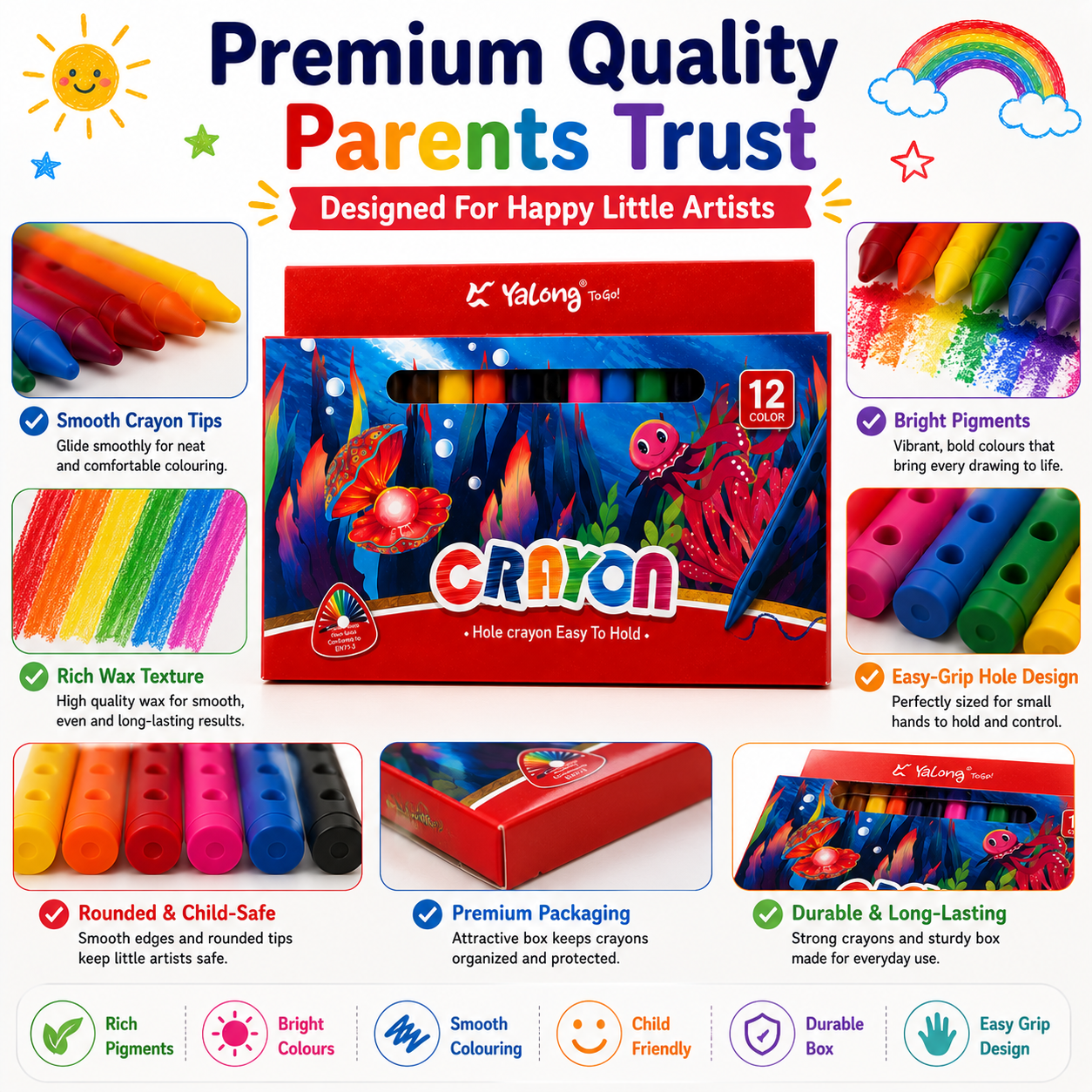 12 Vibrant Hole Crayons for Kids – Smooth Coloring, Easy Grip & Rich Pigments for School and Creative Projects
