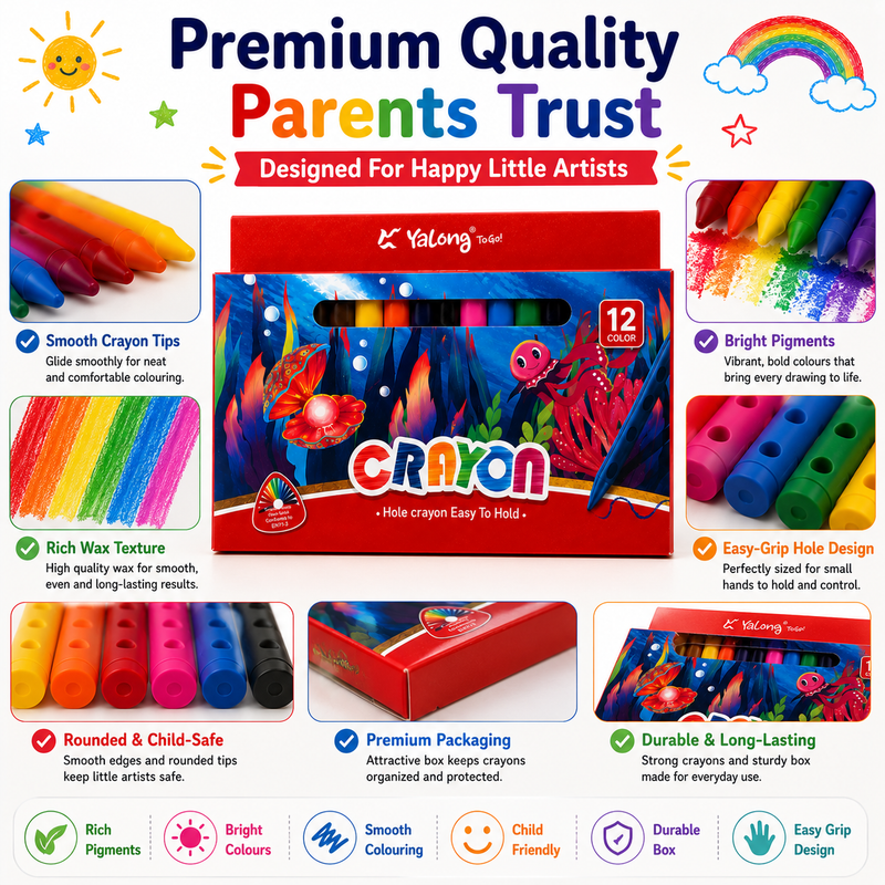 12 Vibrant Hole Crayons for Kids – Smooth Coloring, Easy Grip & Rich Pigments for School and Creative Projects