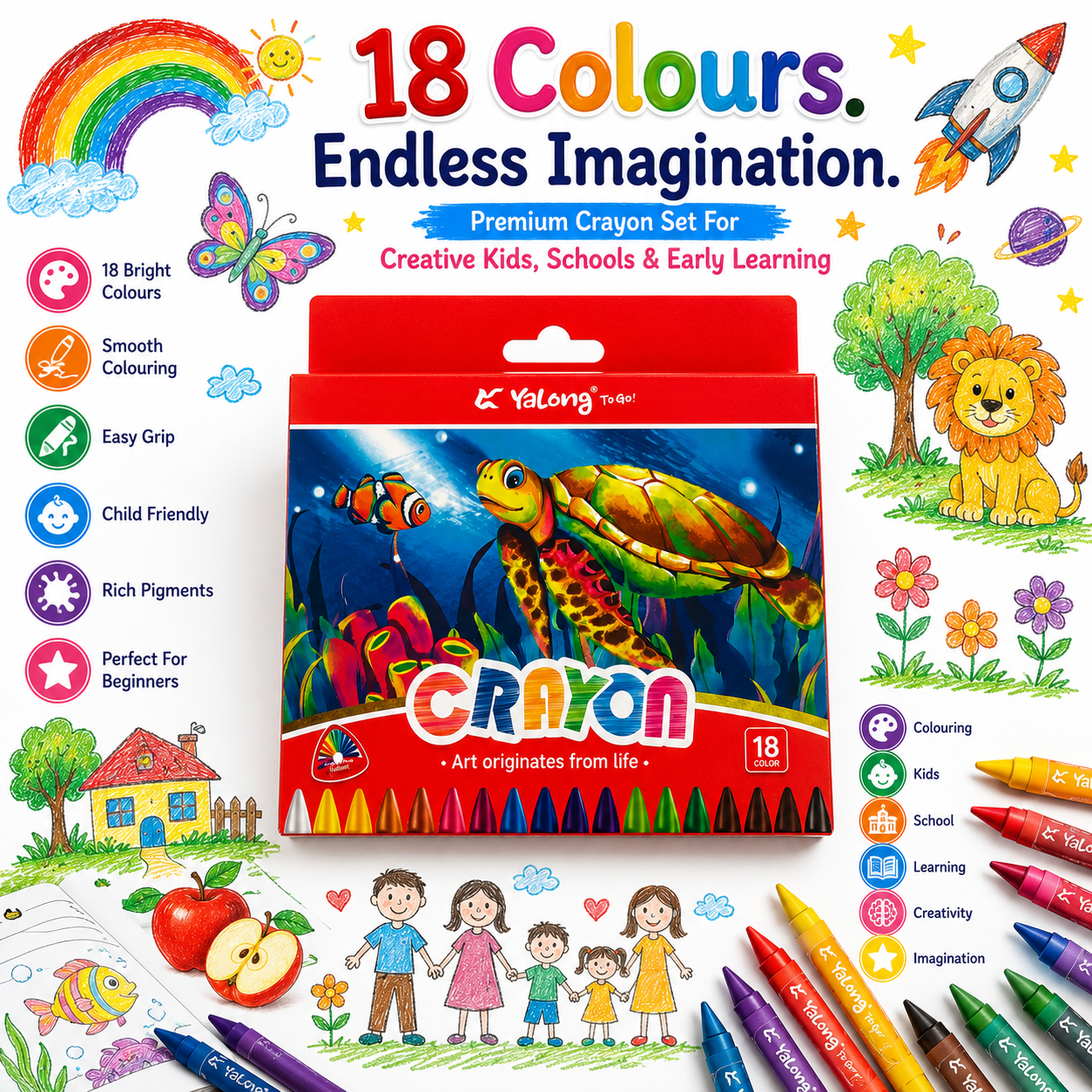 premium 18-Color Hole Crayons – Easy-Hold Coloring Set for Kids, Beginners, Classroom Activities & Creative Art