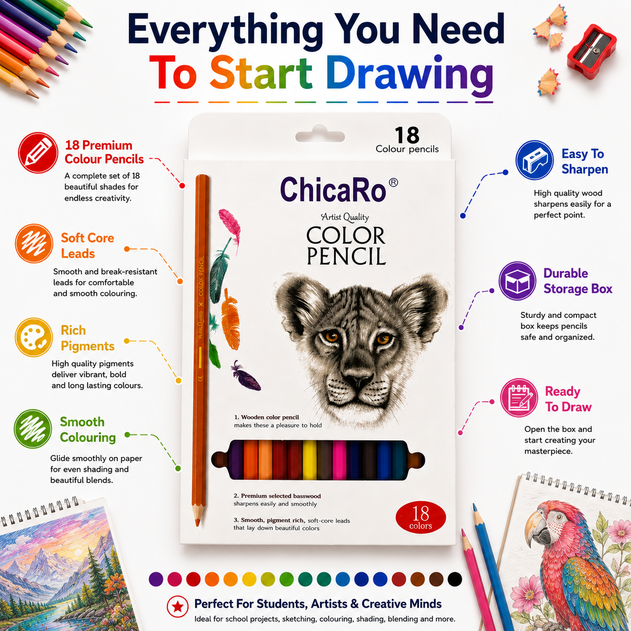 Artist Quality 18-Colour Pencil Set – Smooth, Rich & Easy-to-Sharpen Pencils for Creative Artwork
