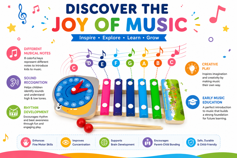 Animal Clock 5-Tone Xylophone for Kids – Colorful Wooden Musical Instrument with 5 Musical Keys, Fun Animal Clock Design & Wooden Mallets
