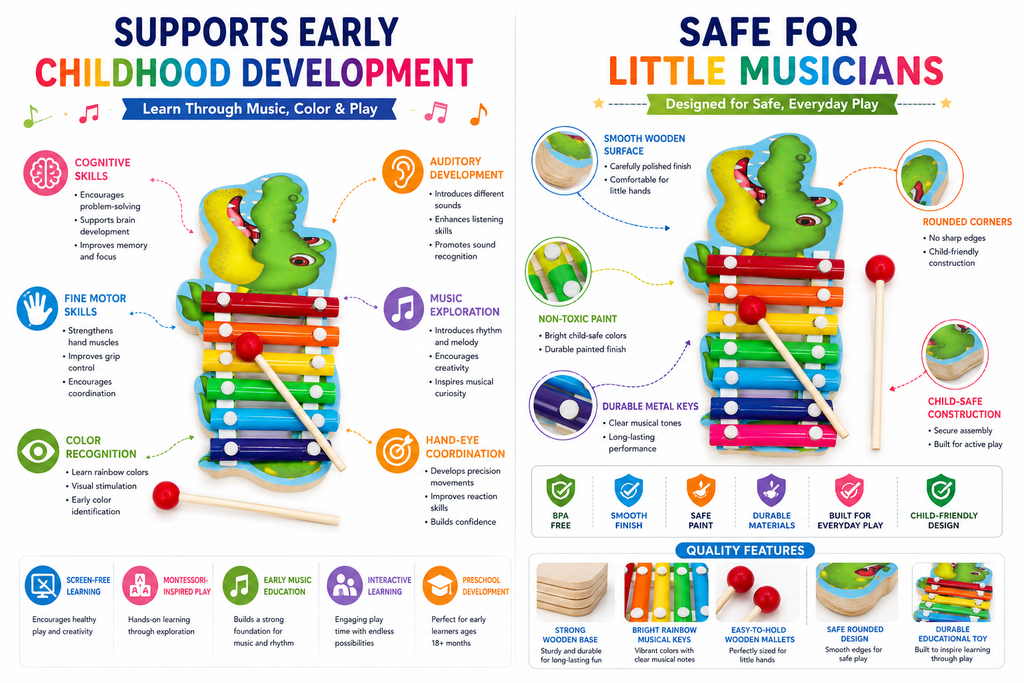 Dinosaur Xylophone Toy for Kids – 8-Tone Colorful Musical Instrument with Fun Dinosaur Design, Rainbow Metal Keys & Wooden Mallets