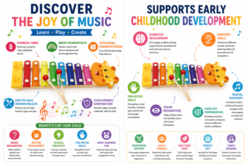 8-Tone Animal Xylophone for Kids – Colorful Musical Instrument Toy with Fun Animal Design, Rainbow Metal Keys & Wooden Mallet