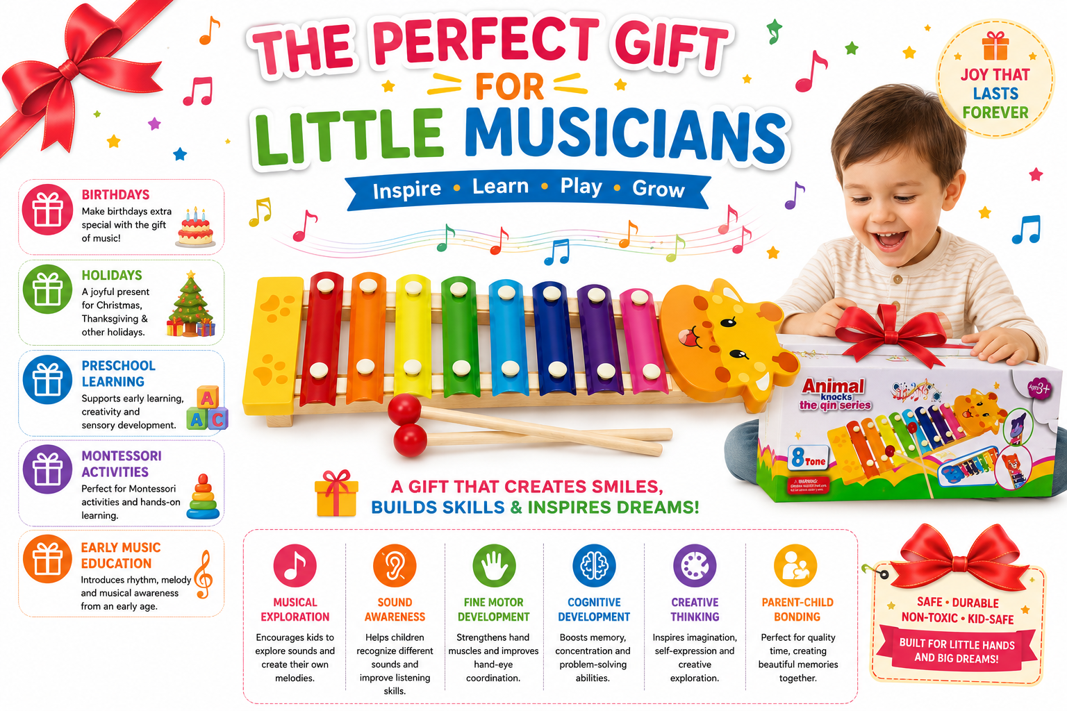 8-Tone Animal Xylophone for Kids – Colorful Musical Instrument Toy with Fun Animal Design, Rainbow Metal Keys & Wooden Mallet