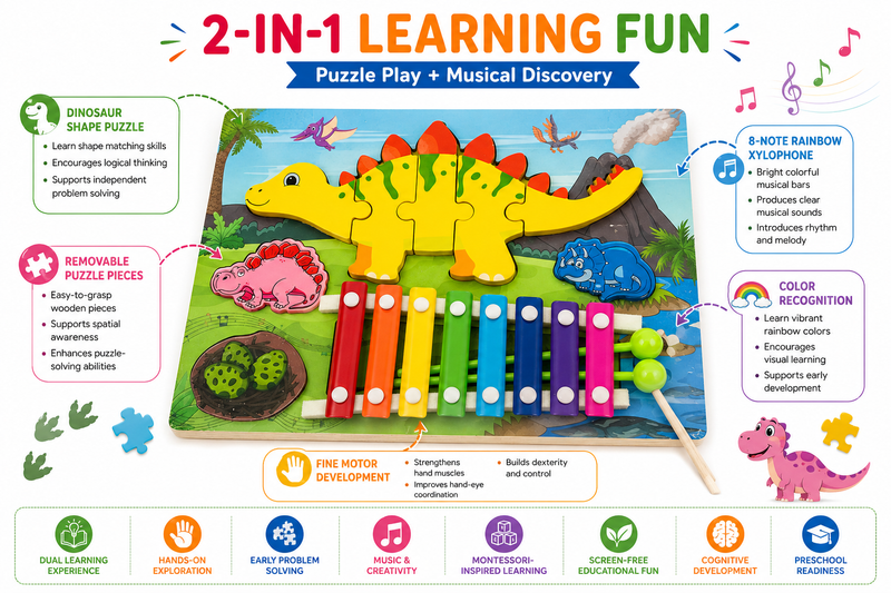 xylophoneDinosaur Wooden Xylophone Toy for Kids – 8-Tone Colorful Musical Instrument with Fun Dinosaur Design, Rainbow Metal Keys & Mallet
