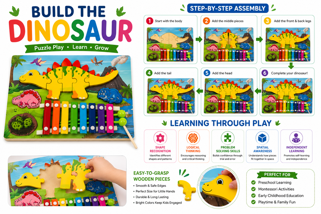 xylophoneDinosaur Wooden Xylophone Toy for Kids – 8-Tone Colorful Musical Instrument with Fun Dinosaur Design, Rainbow Metal Keys & Mallet