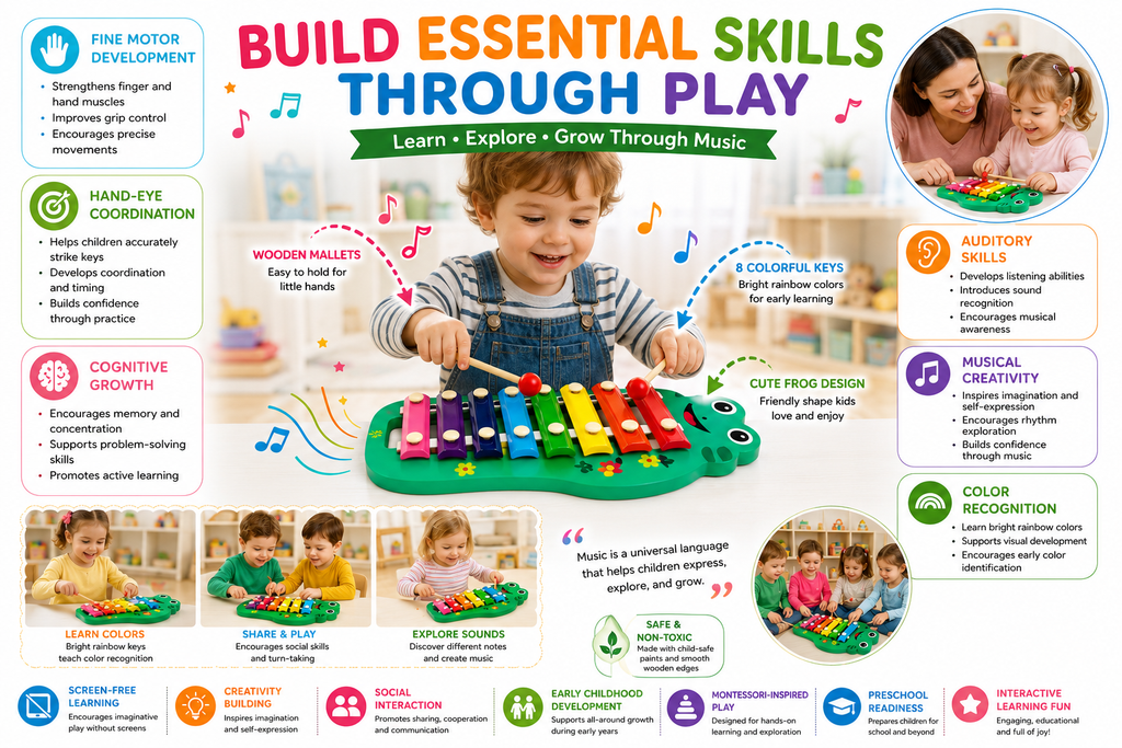 Portable Animal Xylophone for Kids – 8-Tone Colorful Musical Instrument Toy, Frog-Shaped Design with Rainbow Keys