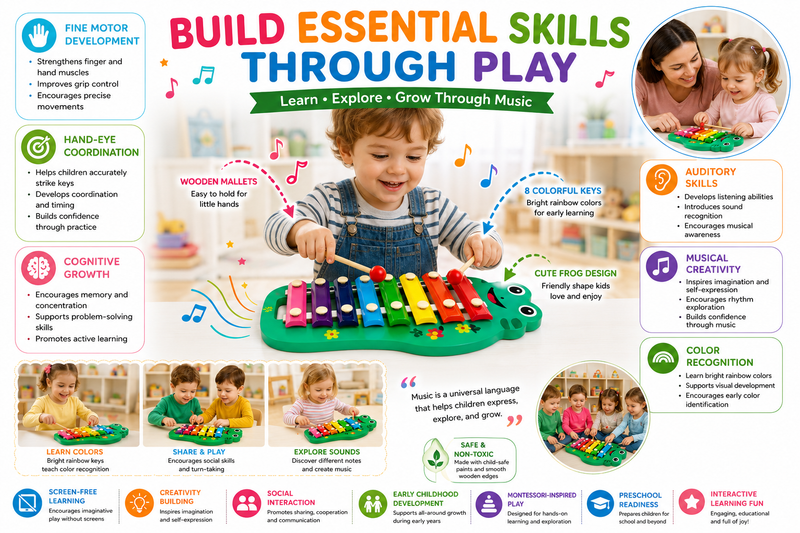 Portable Animal Xylophone for Kids – 8-Tone Colorful Musical Instrument Toy, Frog-Shaped Design with Rainbow Keys