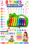 Portable Animal Xylophone for Kids – 8-Tone Colorful Musical Instrument Toy, Frog-Shaped Design with Rainbow Keys