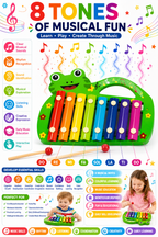 Portable Animal Xylophone for Kids – 8-Tone Colorful Musical Instrument Toy, Frog-Shaped Design with Rainbow Keys