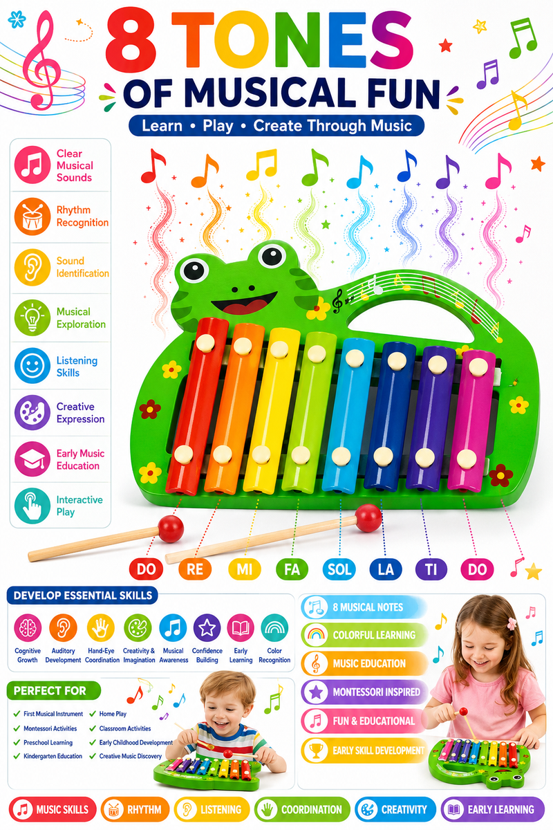 Portable Animal Xylophone for Kids – 8-Tone Colorful Musical Instrument Toy, Frog-Shaped Design with Rainbow Keys