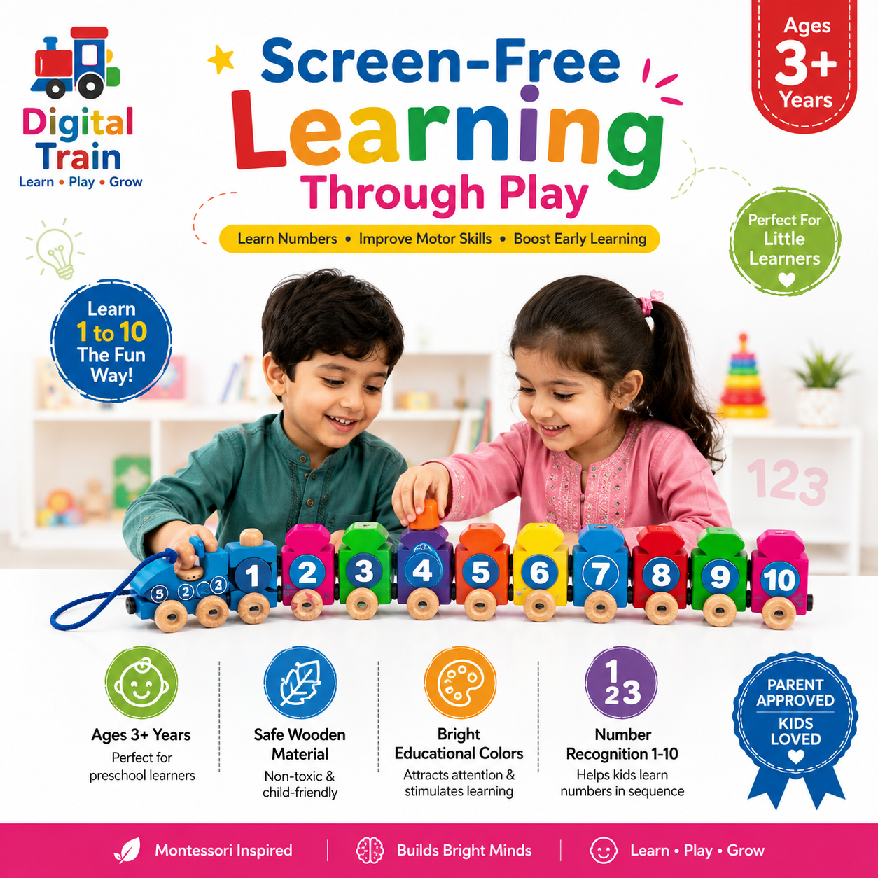 Wooden Digital Train Toy for Kids 3+ – 10-Piece Number Train Set with Colorful Interlocking Cars, Pull-Along Montessori Educational Toy for Toddlers