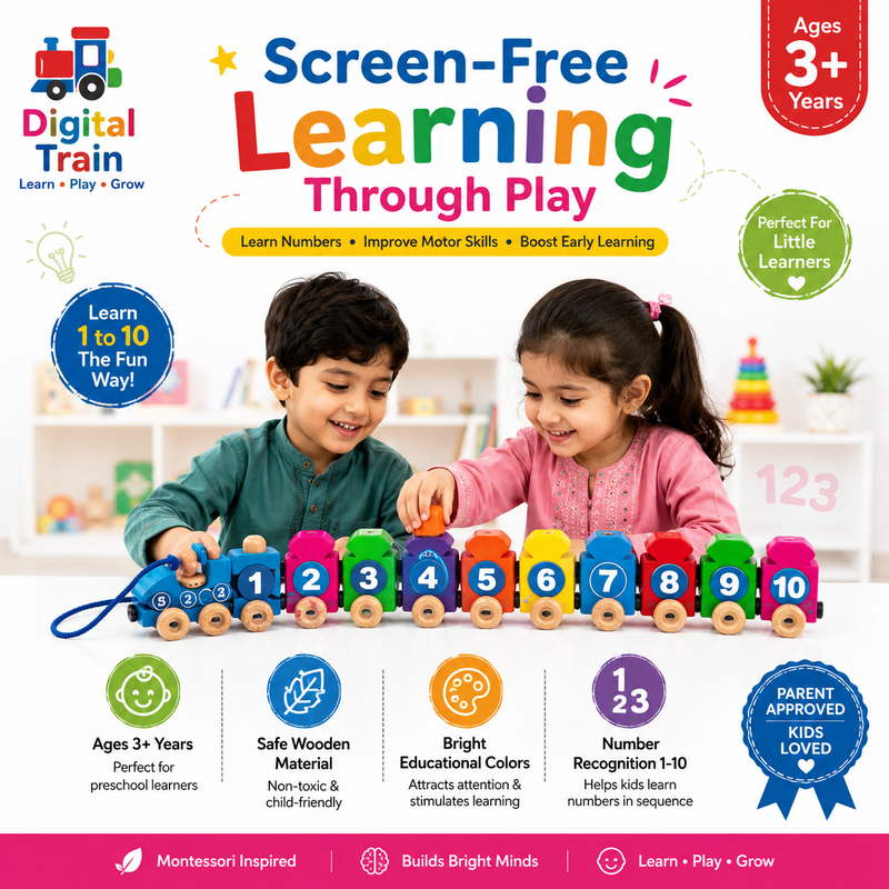 Wooden Digital Train Toy for Kids 3+ – 10-Piece Number Train Set with Colorful Interlocking Cars, Pull-Along Montessori Educational Toy for Toddlers