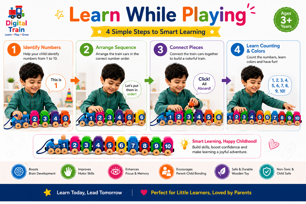 Wooden Digital Train Toy for Kids 3+ – 10-Piece Number Train Set with Colorful Interlocking Cars, Pull-Along Montessori Educational Toy for Toddlers
