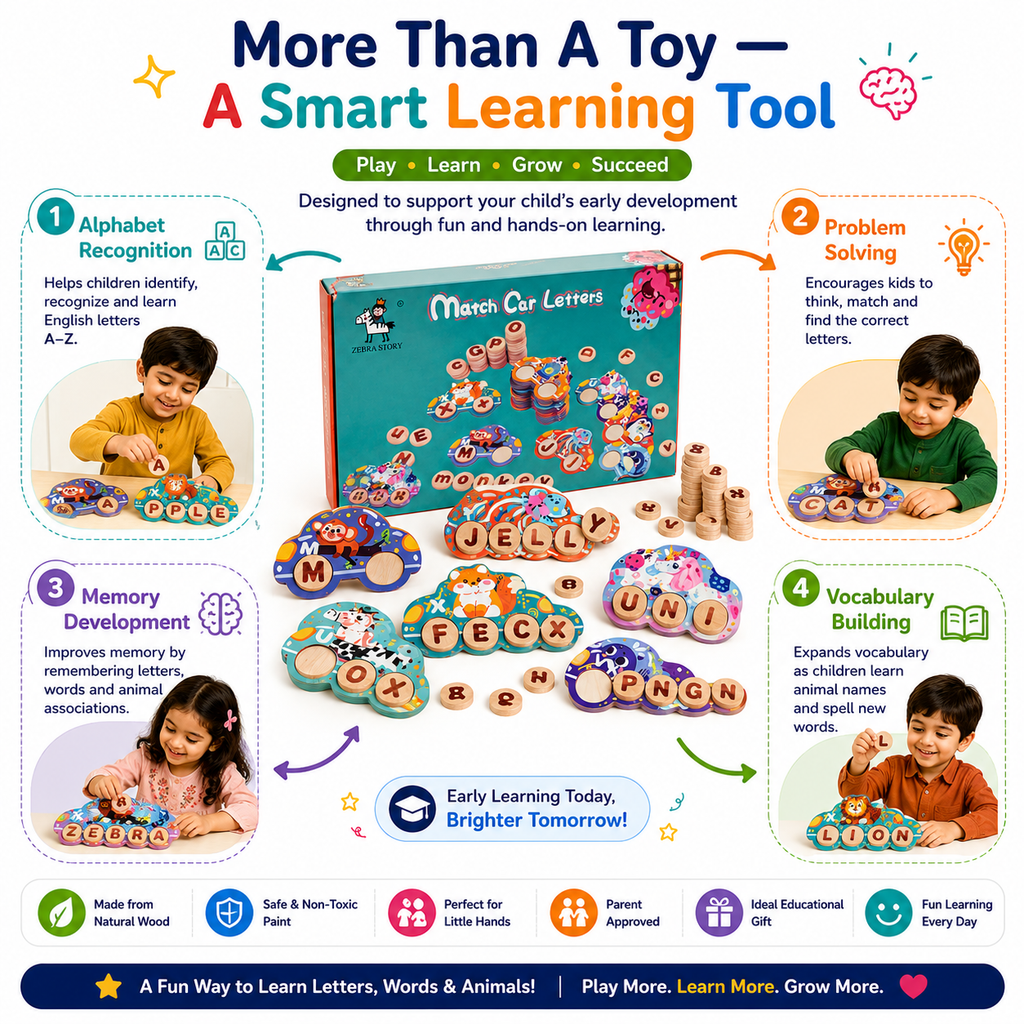 Wooden Match Car Letters Game for Kids – Alphabet Matching & Letter Recognition Learning Toy with Colorful Animal Cars