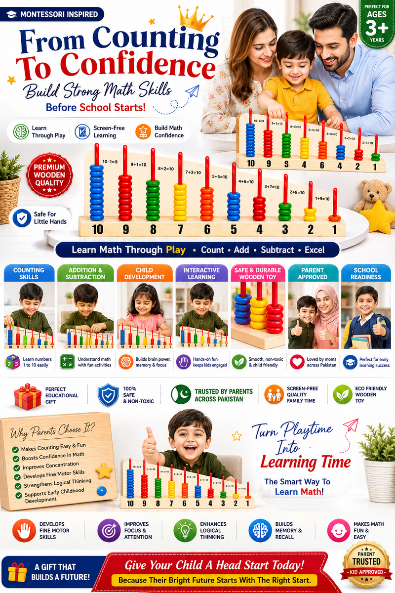 Wooden 1+1 Calculation Shelf Abacus for Kids – Montessori-Inspired Counting & Math Learning Toy with Color Sorting, Addition & Subtraction Activities