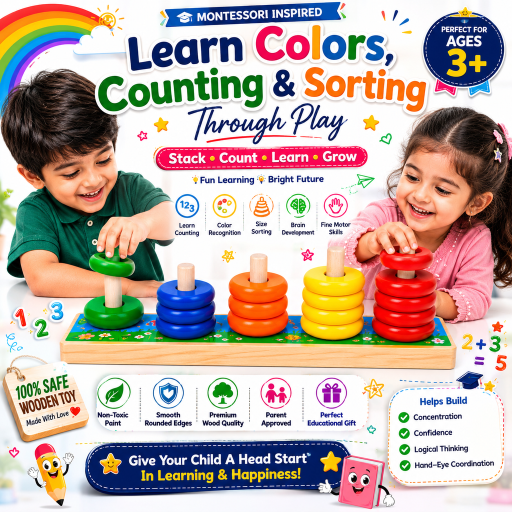 Wooden Rainbow Calculating Circle for Kids 3+ – Montessori-Inspired Color Sorting & Counting Toy with Stacking Rings – Early Math Learning Activity for Toddlers
