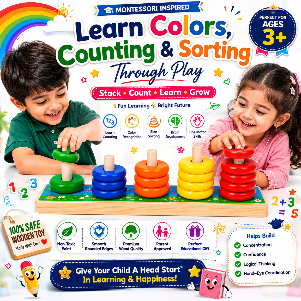 Wooden Rainbow Calculating Circle for Kids 3+ – Montessori-Inspired Color Sorting & Counting Toy with Stacking Rings – Early Math Learning Activity for Toddlers