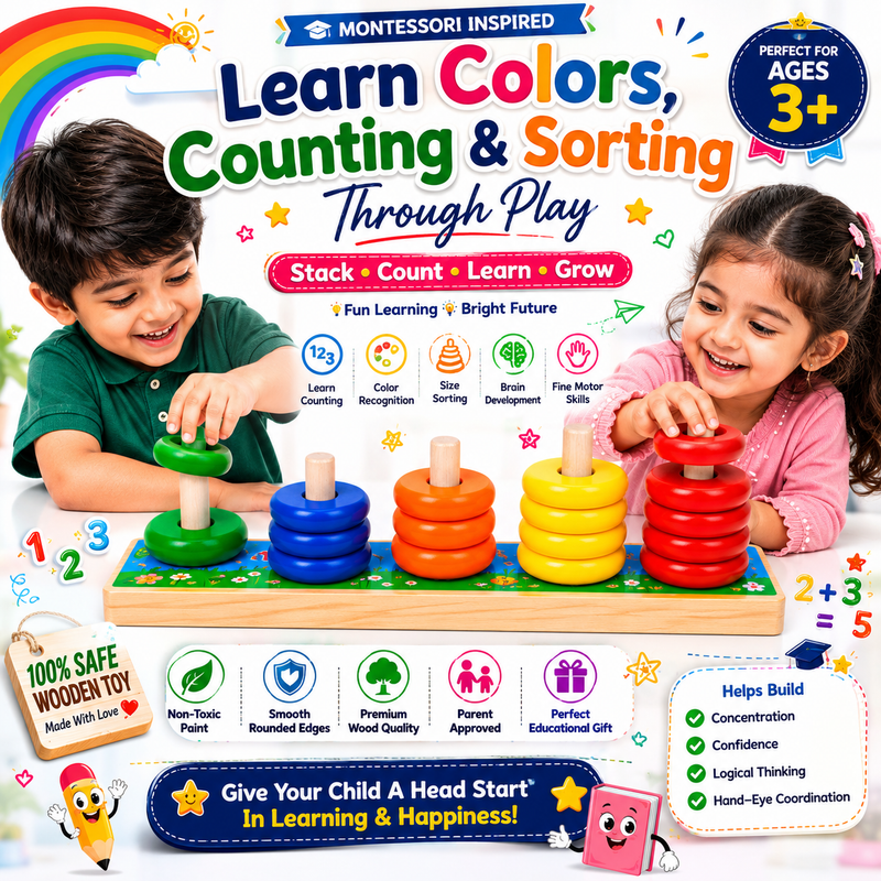 Wooden Rainbow Calculating Circle for Kids 3+ – Montessori-Inspired Color Sorting & Counting Toy with Stacking Rings – Early Math Learning Activity for Toddlers