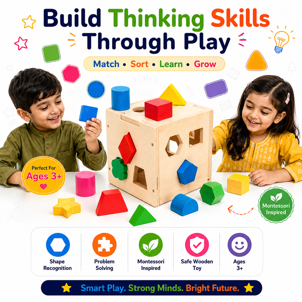 Montessori Shape Sorter Wooden Toy for Kids 3+ – 15-Piece Shape Matching & Sorting Activity Box with Colorful Geometric Blocks