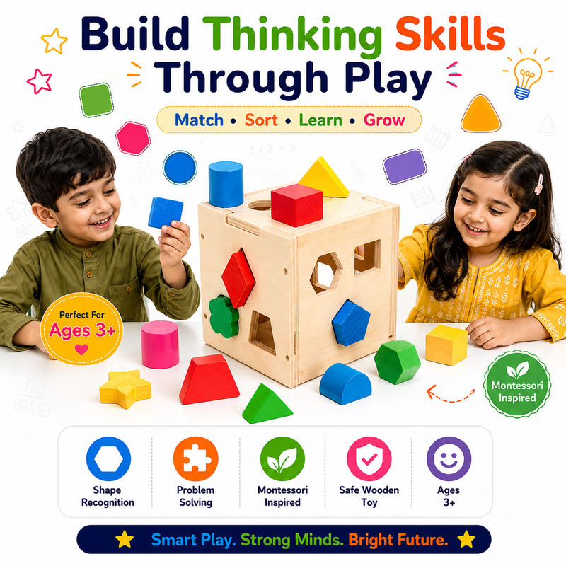 Montessori Shape Sorter Wooden Toy for Kids 3+ – 15-Piece Shape Matching & Sorting Activity Box with Colorful Geometric Blocks