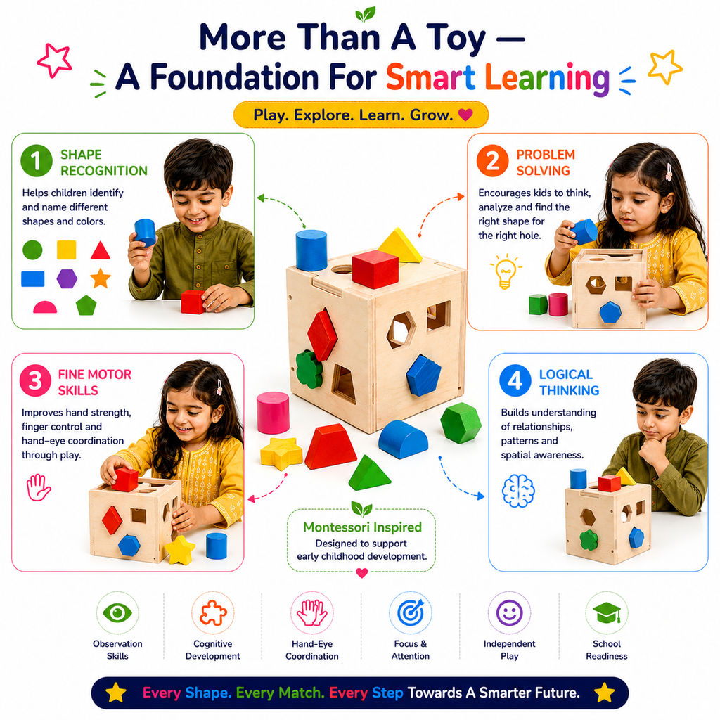 Montessori Shape Sorter Wooden Toy for Kids 3+ – 15-Piece Shape Matching & Sorting Activity Box with Colorful Geometric Blocks