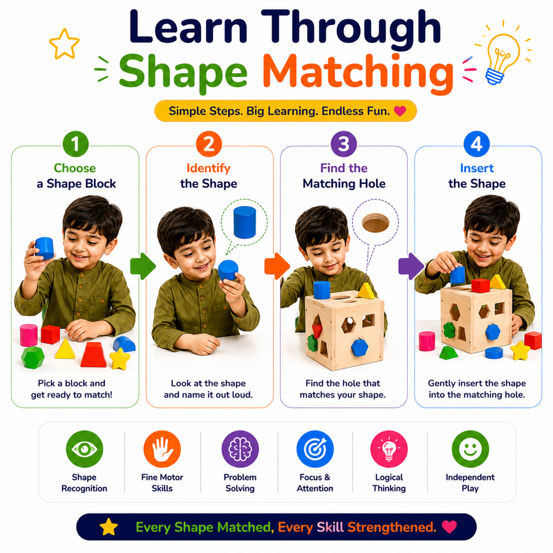 Montessori Shape Sorter Wooden Toy for Kids 3+ – 15-Piece Shape Matching & Sorting Activity Box with Colorful Geometric Blocks