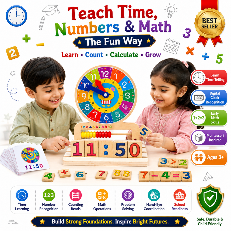 Wooden Educational Learning Clock & Abacus Toy for Kids 3+ – Montessori-Inspired Time Teaching Toy with Number Blocks, Counting Beads & Math Learning Activities for Children