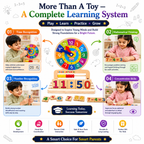 Wooden Educational Learning Clock & Abacus Toy for Kids 3+ – Montessori-Inspired Time Teaching Toy with Number Blocks, Counting Beads & Math Learning Activities for Children
