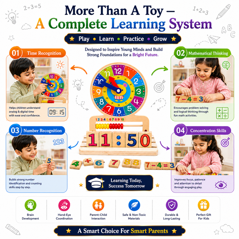 Wooden Educational Learning Clock & Abacus Toy for Kids 3+ – Montessori-Inspired Time Teaching Toy with Number Blocks, Counting Beads & Math Learning Activities for Children
