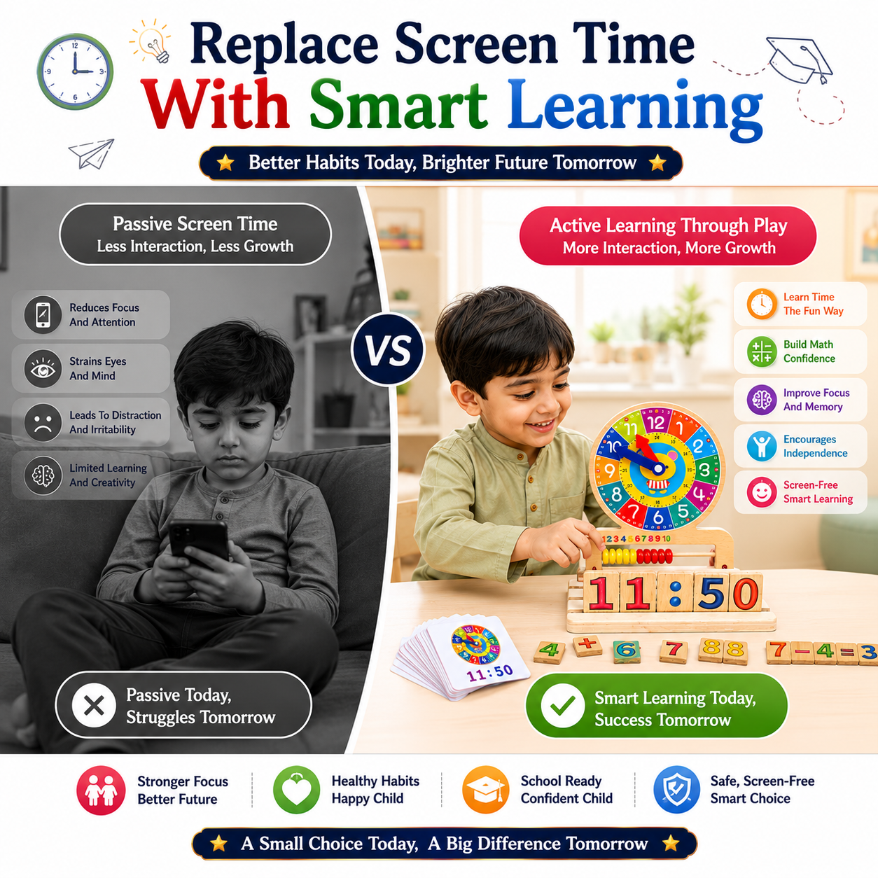 Wooden Educational Learning Clock & Abacus Toy for Kids 3+ – Montessori-Inspired Time Teaching Toy with Number Blocks, Counting Beads & Math Learning Activities for Children