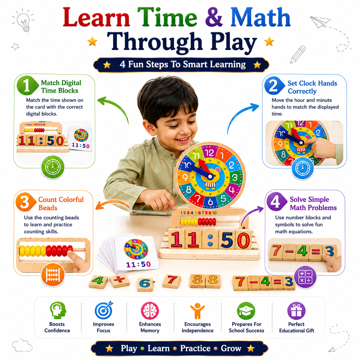 Wooden Educational Learning Clock & Abacus Toy for Kids 3+ – Montessori-Inspired Time Teaching Toy with Number Blocks, Counting Beads & Math Learning Activities for Children