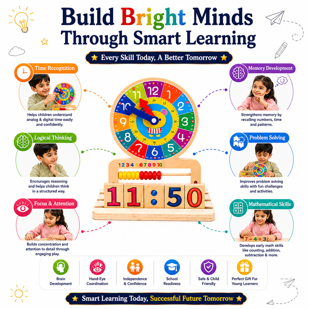 Wooden Educational Learning Clock & Abacus Toy for Kids 3+ – Montessori-Inspired Time Teaching Toy with Number Blocks, Counting Beads & Math Learning Activities for Children