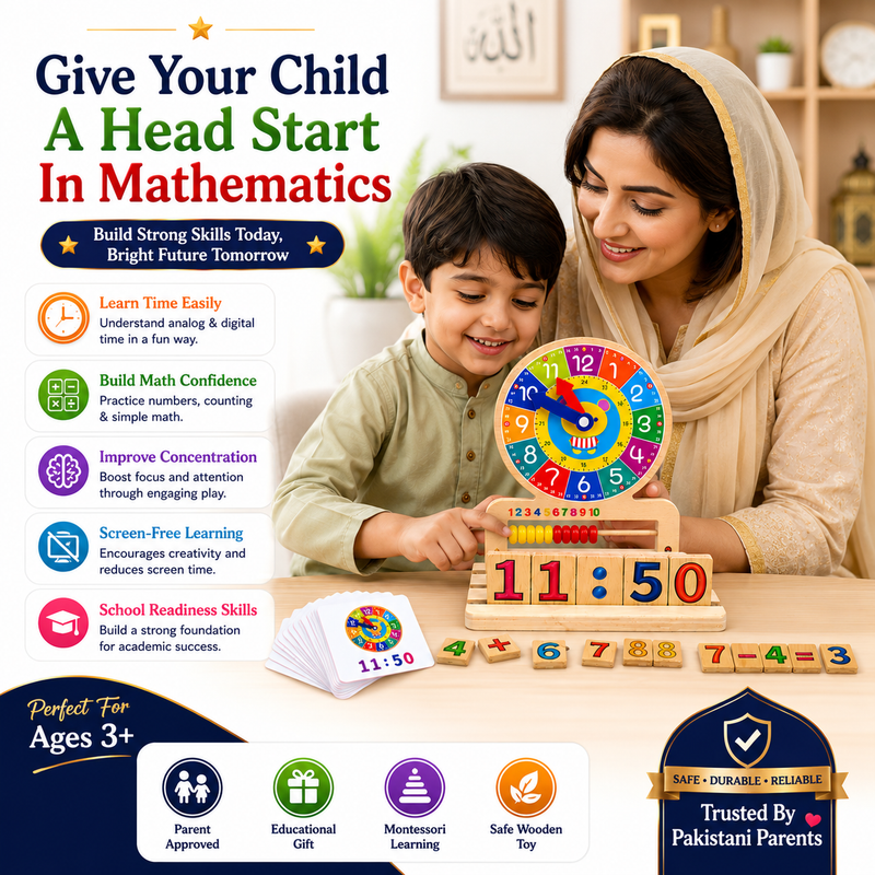 Wooden Educational Learning Clock & Abacus Toy for Kids 3+ – Montessori-Inspired Time Teaching Toy with Number Blocks, Counting Beads & Math Learning Activities for Children