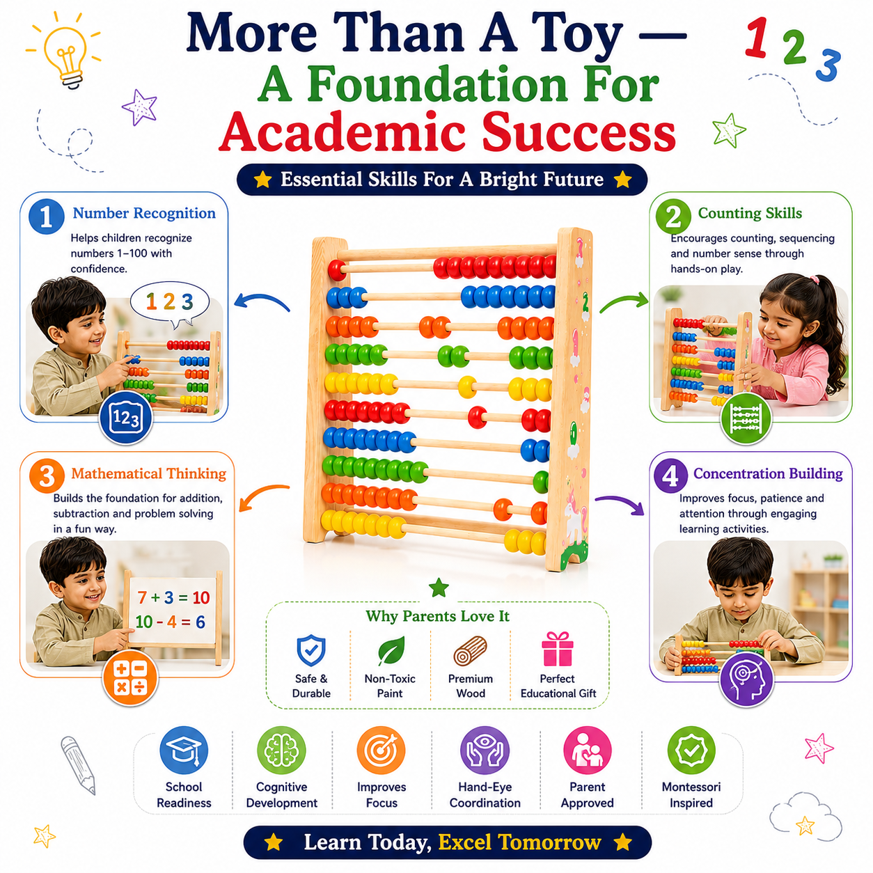 Wooden Abacus for Kids 3+ – Montessori-Inspired Educational Counting Toy for Learning Numbers 1–100, Early Math, Counting, Addition & Subtraction, Fine Motor Skills