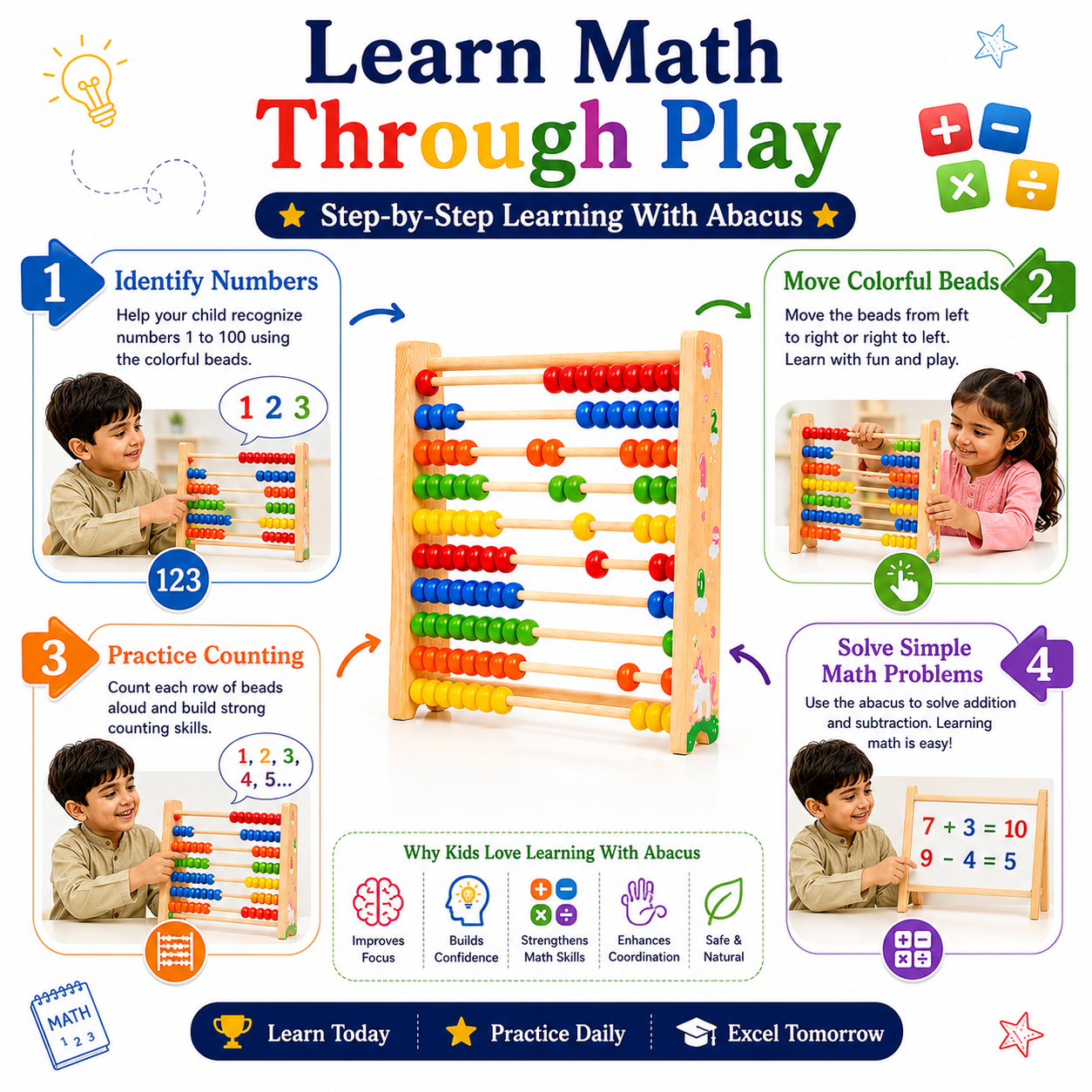 Wooden Abacus for Kids 3+ – Montessori-Inspired Educational Counting Toy for Learning Numbers 1–100, Early Math, Counting, Addition & Subtraction, Fine Motor Skills