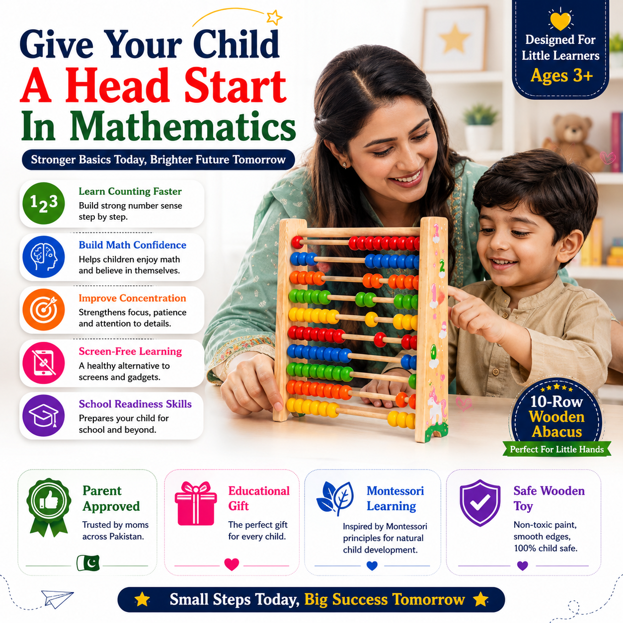 Wooden Abacus for Kids 3+ – Montessori-Inspired Educational Counting Toy for Learning Numbers 1–100, Early Math, Counting, Addition & Subtraction, Fine Motor Skills