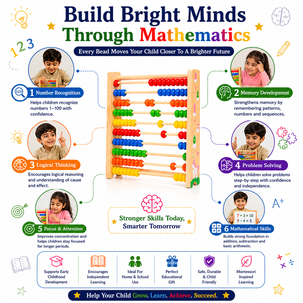 Wooden Abacus for Kids 3+ – Montessori-Inspired Educational Counting Toy for Learning Numbers 1–100, Early Math, Counting, Addition & Subtraction, Fine Motor Skills