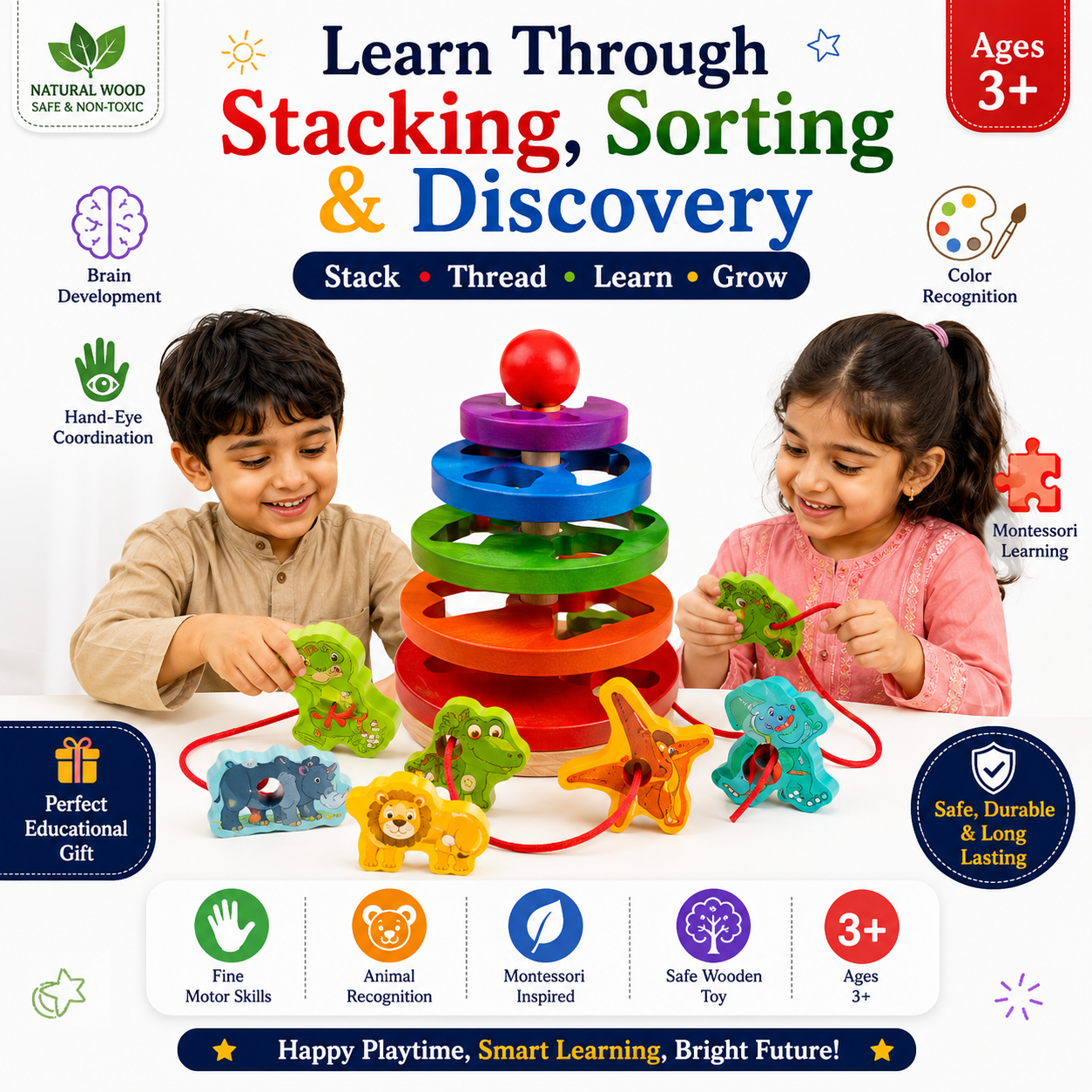 Educational Stacking & Threading Toy for Kids 3+ – Montessori-Inspired Wooden Animal Ring Stacker & Sorting Activity for Fine Motor Skills