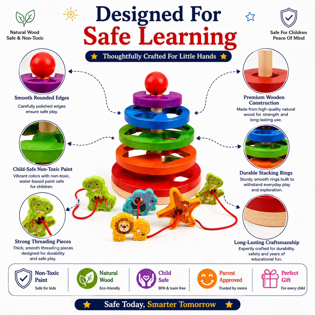 Educational Stacking & Threading Toy for Kids 3+ – Montessori-Inspired Wooden Animal Ring Stacker & Sorting Activity for Fine Motor Skills