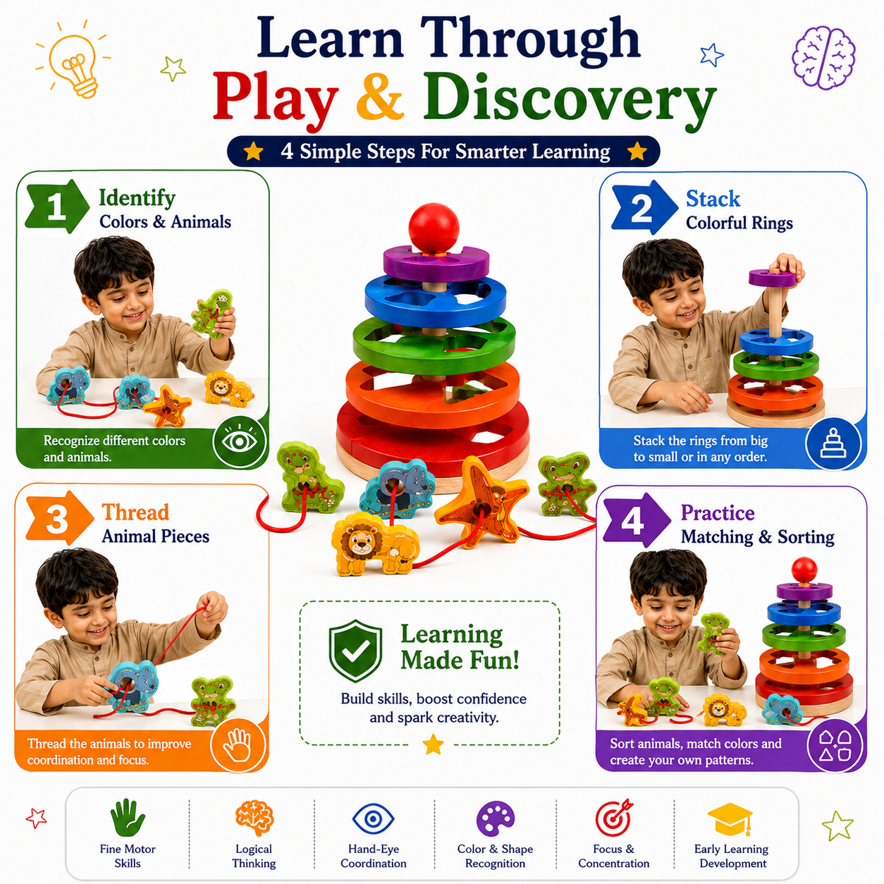 Educational Stacking & Threading Toy for Kids 3+ – Montessori-Inspired Wooden Animal Ring Stacker & Sorting Activity for Fine Motor Skills