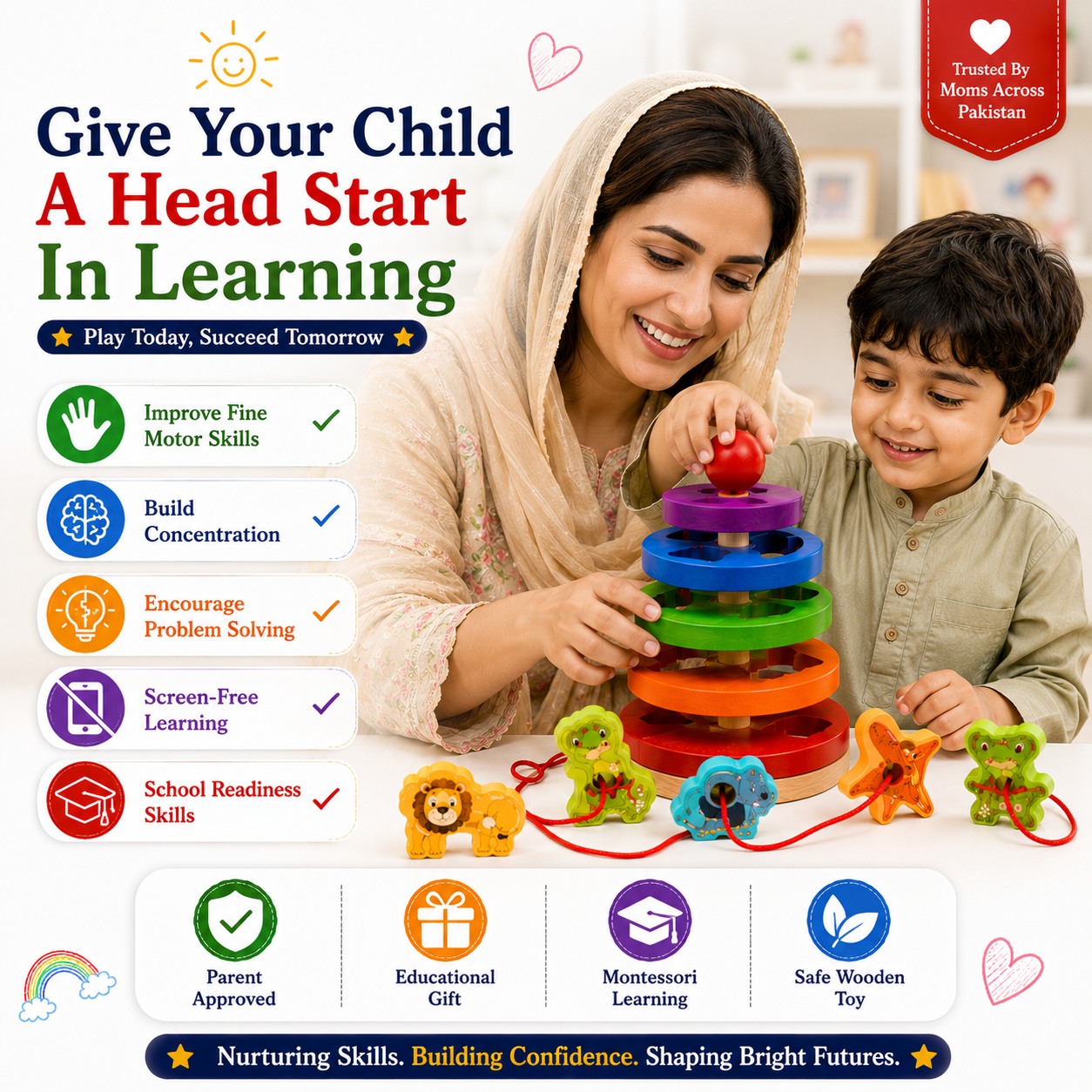 Educational Stacking & Threading Toy for Kids 3+ – Montessori-Inspired Wooden Animal Ring Stacker & Sorting Activity for Fine Motor Skills