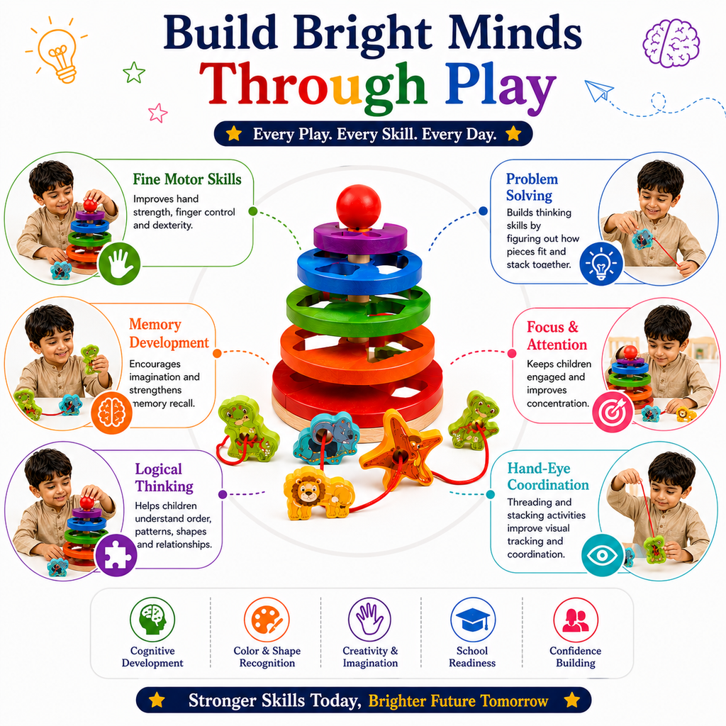 Educational Stacking & Threading Toy for Kids 3+ – Montessori-Inspired Wooden Animal Ring Stacker & Sorting Activity for Fine Motor Skills